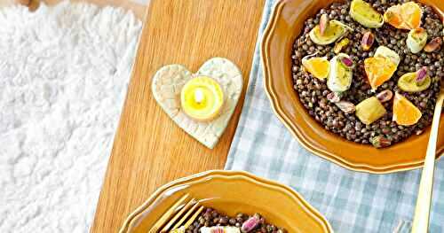 Salade lentilles, poireaux, mandarines, pistaches (amap, vegan, sans gluten)
