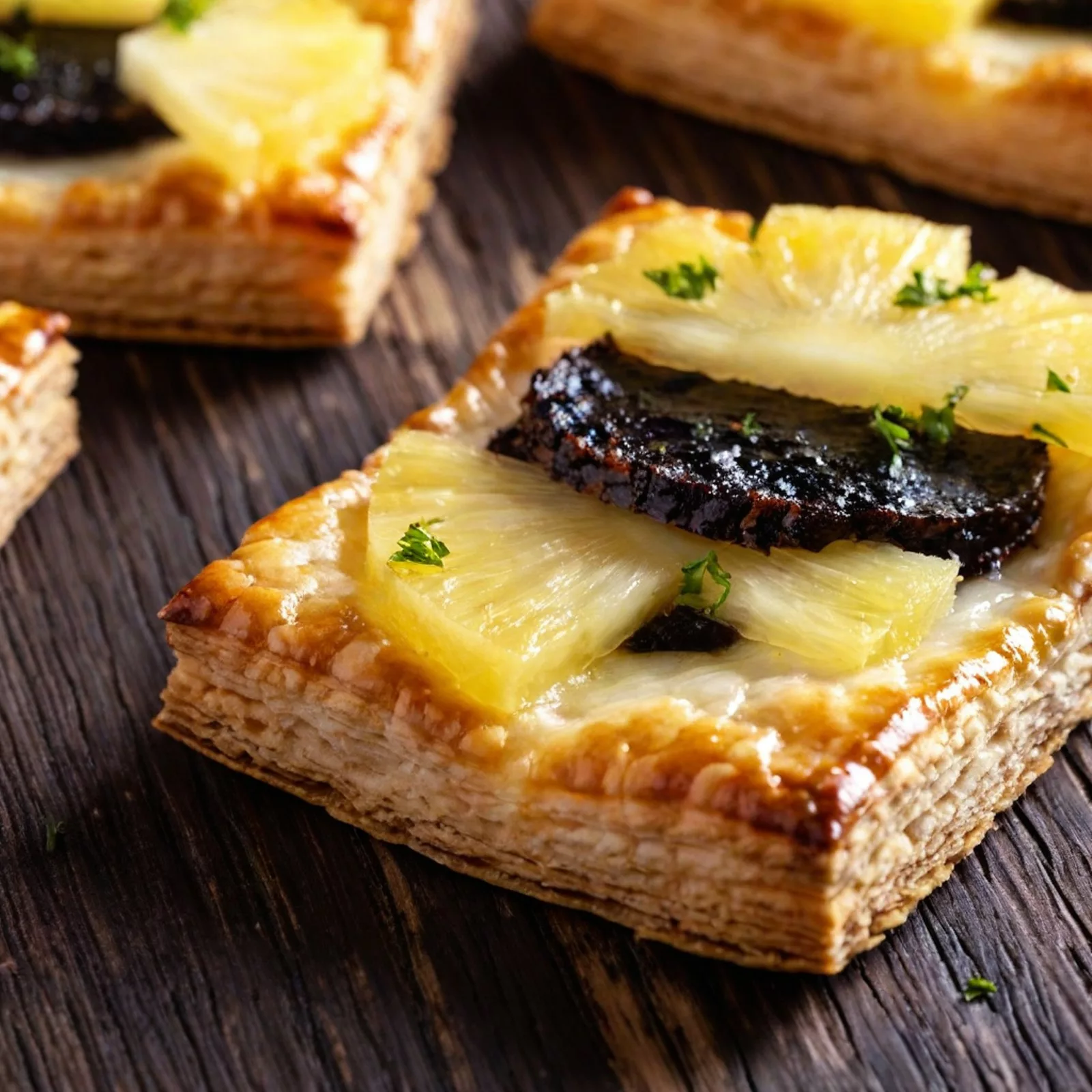 Carrés de boudin noir, feuilleté à l’ananas