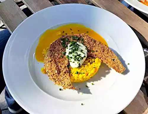 Courge panée sur soupe de potimarron