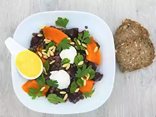 Lentilles, courge rôtie et mozzarella