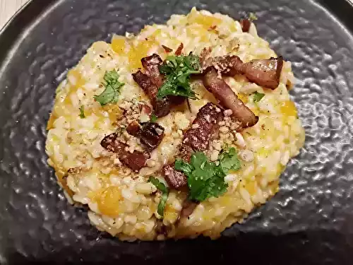 Risotto de courge butternut, lard grillé et noix