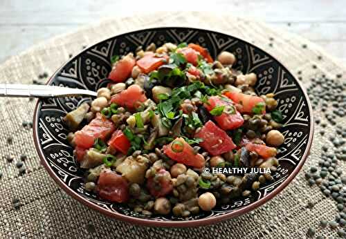 SALADE DE LENTILLES AUX AUBERGINES, TOMATES ET POIS CHICHES #VEGAN