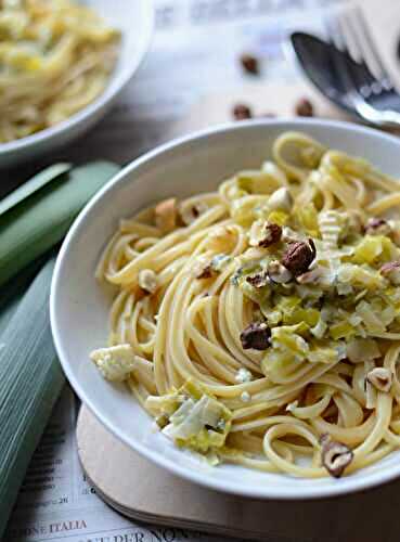 Linguine poireaux crème fromage bleu et noisettes #végétarien