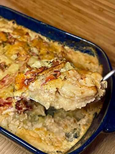 Gratin crémeux : chou-fleur, pommes de terre et poitrine fumée