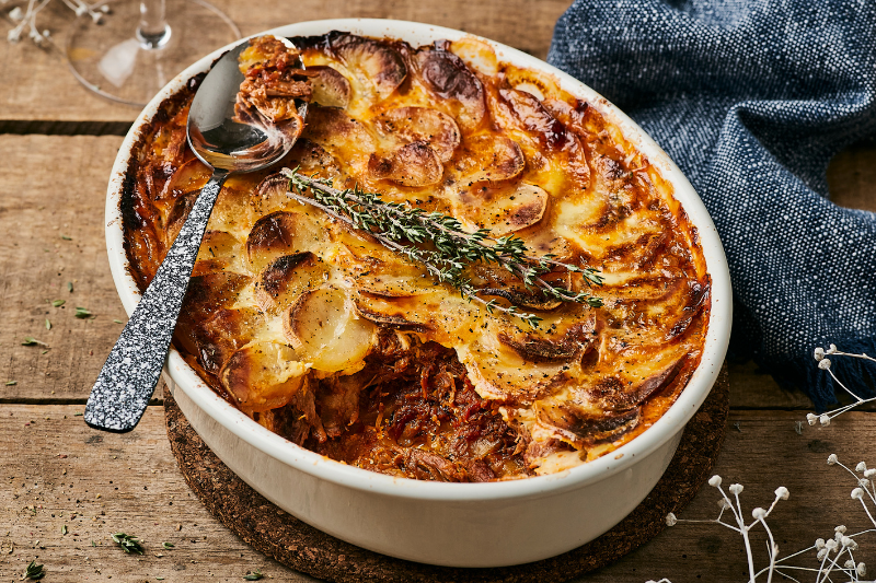 Gratin d’effiloché d’agneau confit et pommes de terre