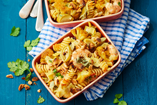 Gratin de fusilli aux crevettes à l’indienne