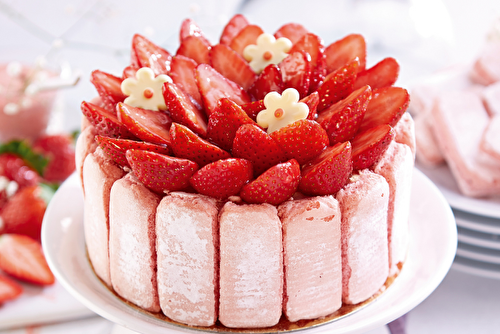 Charlotte aux fraises, bavaroise vanille et biscuits roses de Reims Fossier