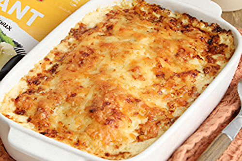 Gratin de ravioles au saumon fumé et fromage râpé Extra Filant Entremont