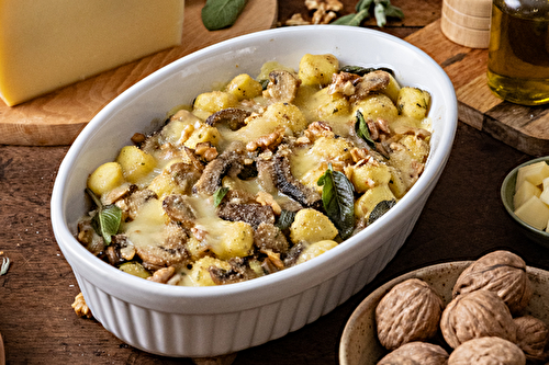 Gnocchi au four au fromage Stelvio AOP, sauge croquante, noix et champignons