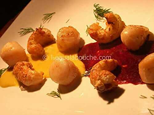 Noix De Saint Jacques Et Langoustines Mousseline Gewurztraminer Sauce Merlot