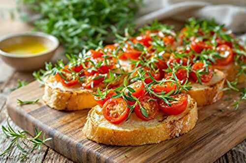 Bruschetta aux tomates rôties au four et romarin frais