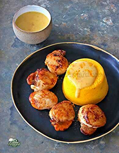 Flan de potimarron et à l'orange, coquilles Saint Jacques et beurre à l'orange