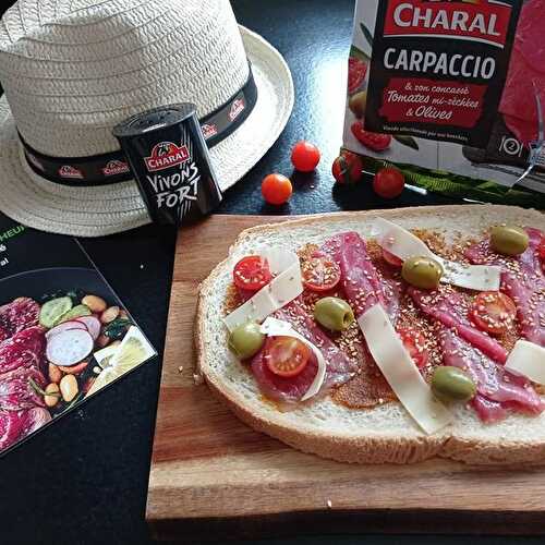 Bruschetta carpaccio et son concassé tomate olives Charal