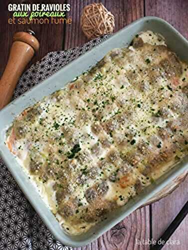 Gratin de ravioles aux poireaux et saumon fumé