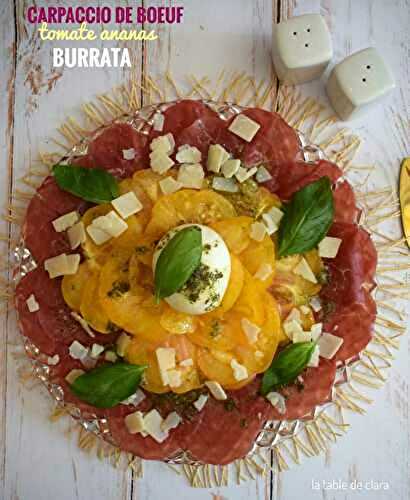 Carpaccio de boeuf, tomate ananas et burrata