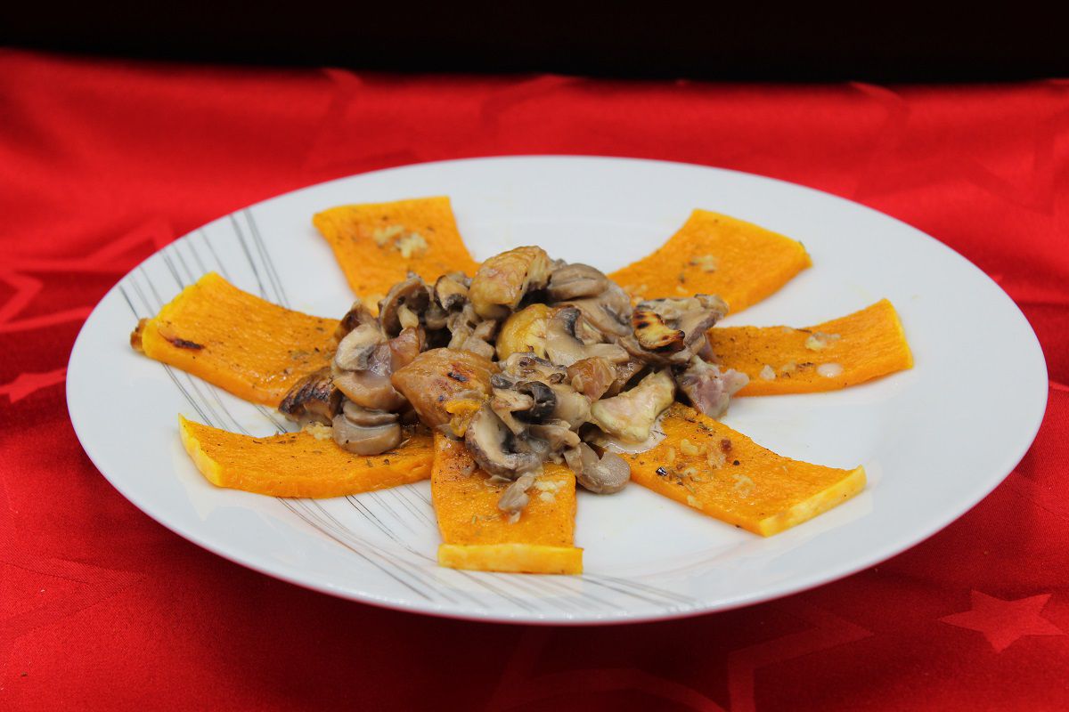 Poêlée de butternut rôtie, châtaignes et champignons