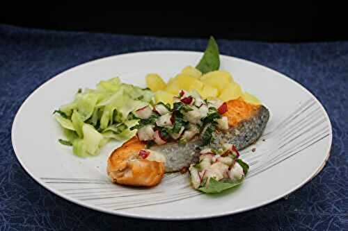 Saumon, salsa de nectarine au basilic et concombre à la menthe