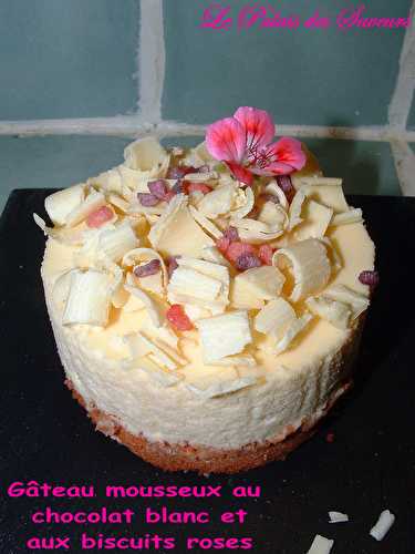 Gâteau mousseux au chocolat blanc et aux biscuits roses