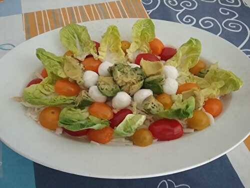 Salade de chou blanc aux tomates, mozzarella à l’avocat et vinaigrette mayonnaise