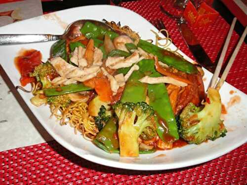 Shop suey au poulet et aux légumes avec des nouilles chinoises