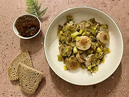 Boudin blanc et poireaux au confit d’oignon