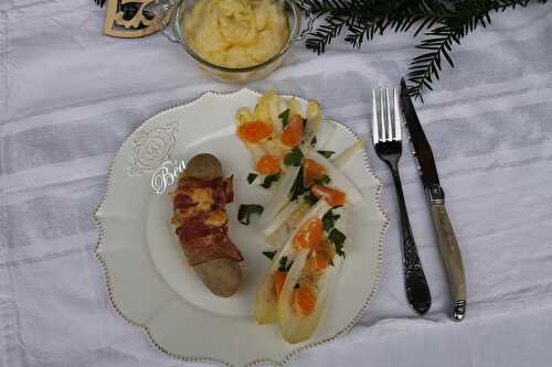 Boudins blancs lardés, purée de pommes de terre à l'huile à la truffe et salade d'endives à la clémentine