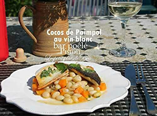 Cocos de Paimpol au vin blanc, bar poêlé et pistou