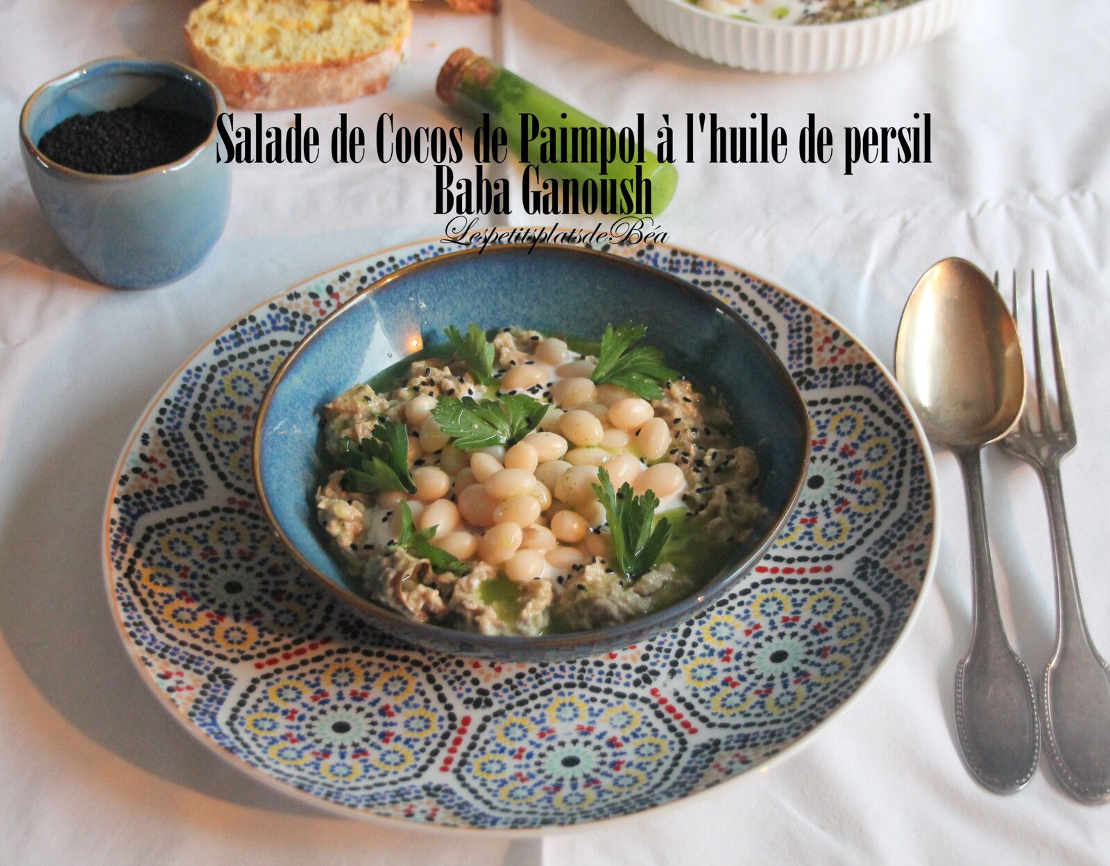 Salade de cocos de Paimpol à l'huile de persil et baba ganoush