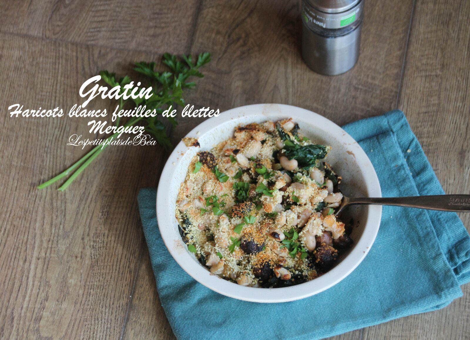 Gratin de haricots blancs, feuilles de blettes et merguez