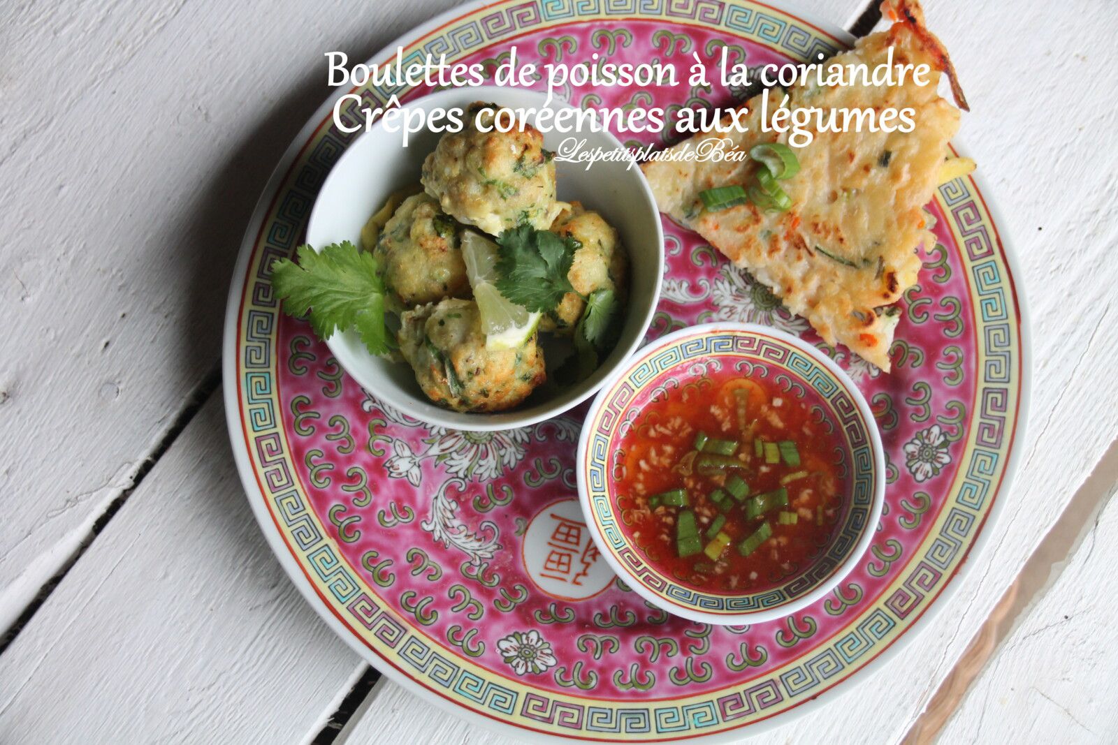 Boulettes de poisson à la coriandre et crêpes coréennes aux légumes