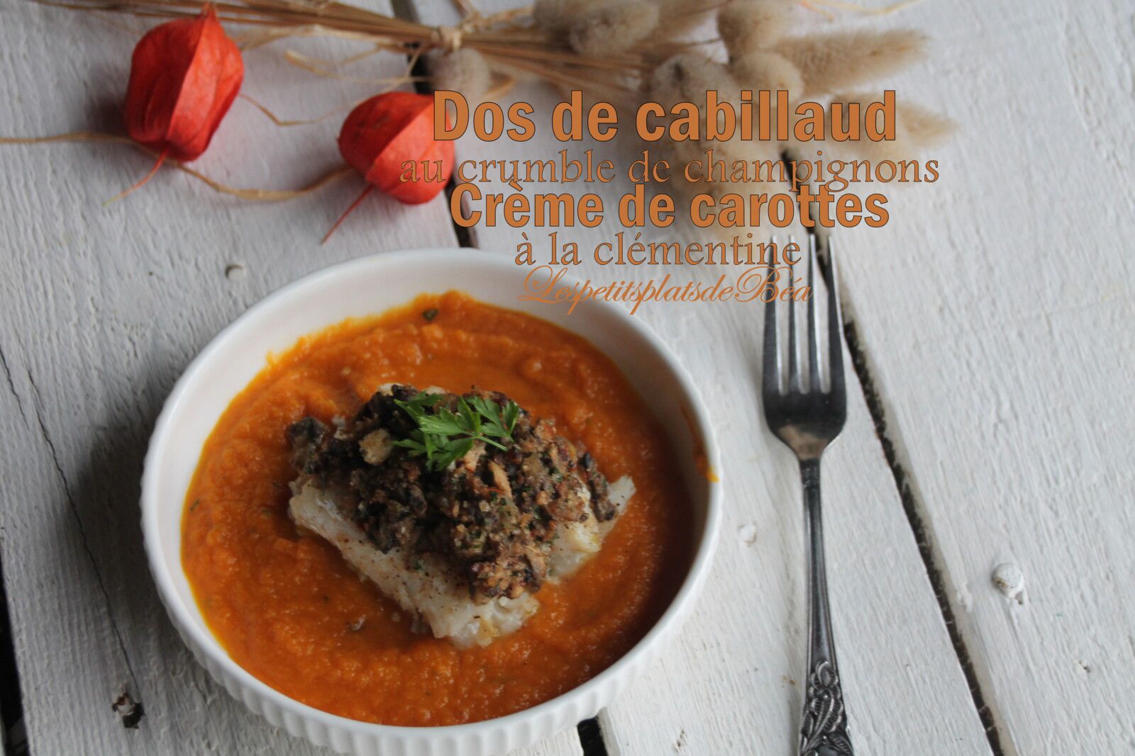 Dos de cabillaud au crumble de champignons et crème de carottes à la clémentine