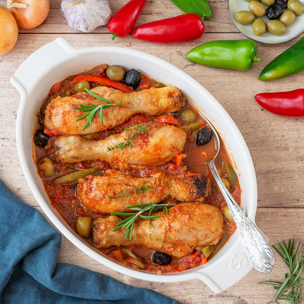 Poulet à la provençale (tomate, olive, poivron)