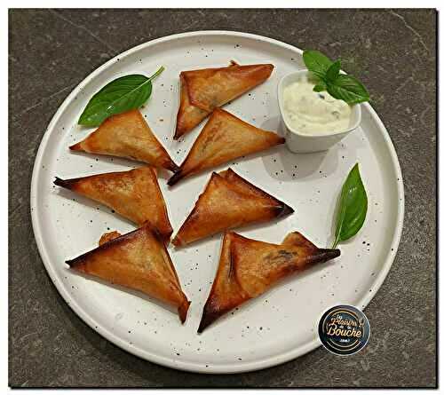 Samoussas mozzarella tomate séchée et olives noires, sauce au yaourt grec aux herbes
