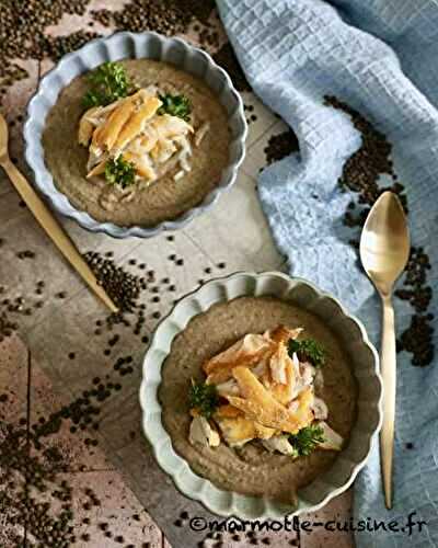 Crème de lentilles au lait de coco, curry vert et haddock 