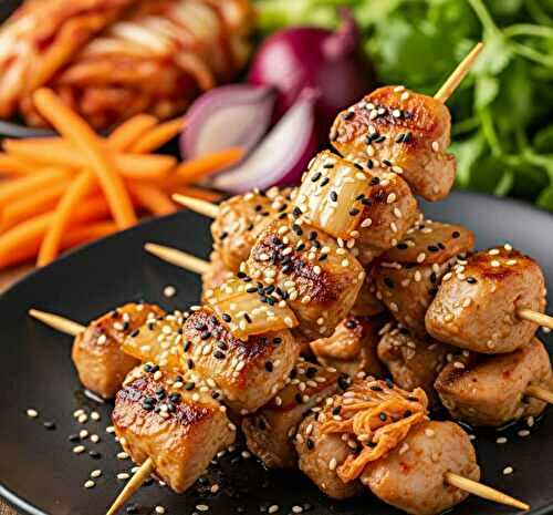 Brochettes de poulet laqué au kimchi et sésame