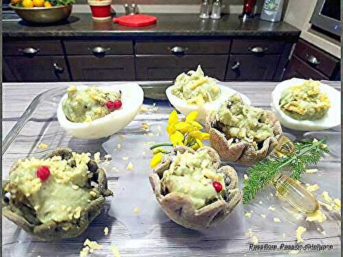 Mini coupelles veggy à la crème avocats / sardines/ huile de poisson