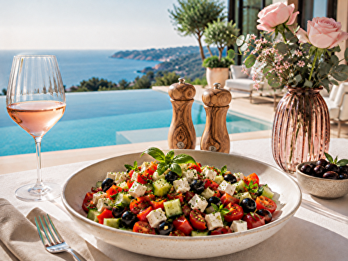Salade grecque simple avec des tomates, un concombre, de la feta, des olives noires , de l' huile d'olive, de l'ail et des herbes fraîches aromatiques