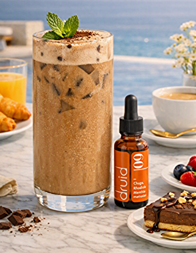 Lait végétal au chocolat avec la fraîcheur de la menthe poivrée et la vitalité naturelle de la Potion 09 Énergie & Motivation.