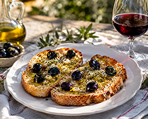 Tartines grillées à l'ail, huile d'olive et olives noires