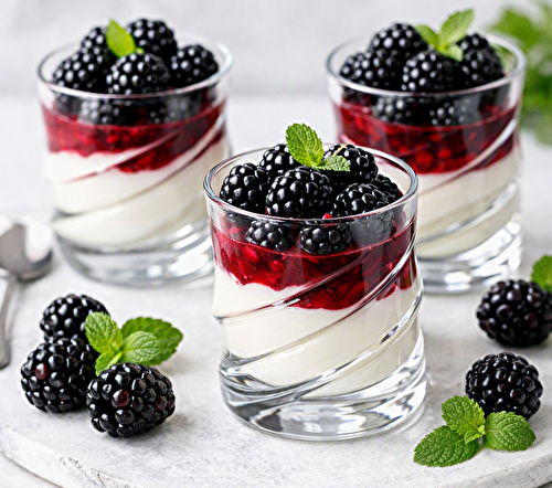 Verrines fromage blanc, miel, fruits rouges et mûres