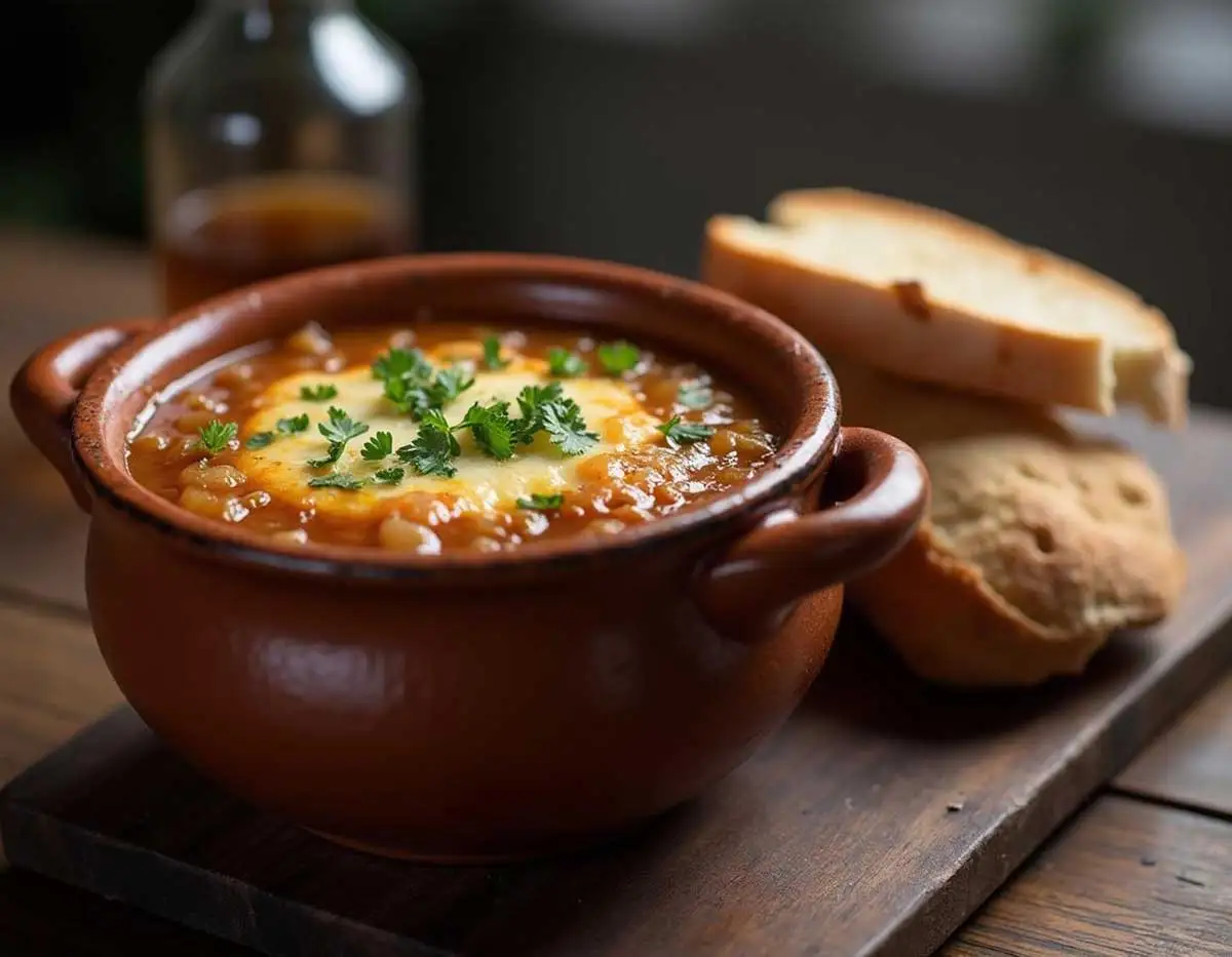 Soupe à l’Oignon Gratinée avec une Touche de Muscade et Fromage Bleu