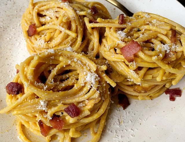 La recette de Saison : Spaghettis Carbonara au Potiron