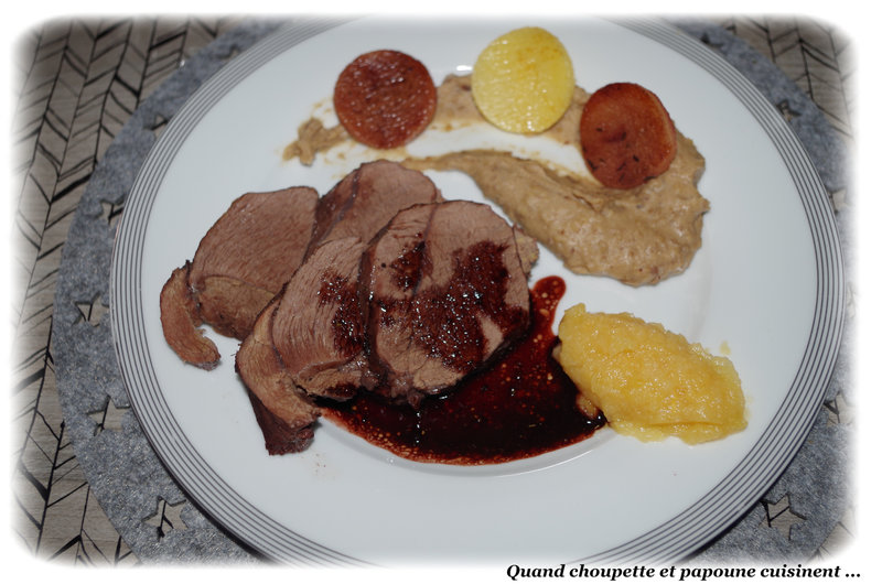 RÔTI DE BICHE, PUREE DE MARRONS ET COMPOTE POMMES-COING