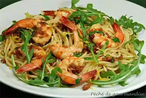 Spaghetti citron, roquette et crevettes