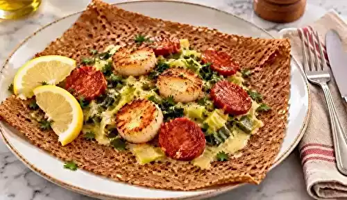 Galette aux noix de Saint-Jacques et fondue de poireaux