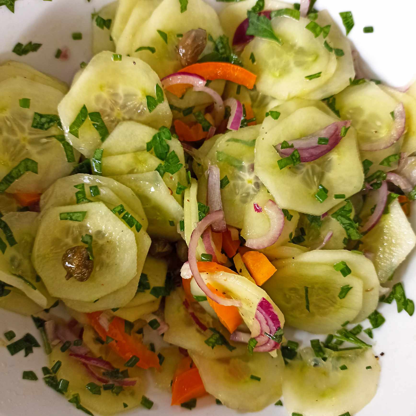 Salade de concombre, câpres et oignons rouges