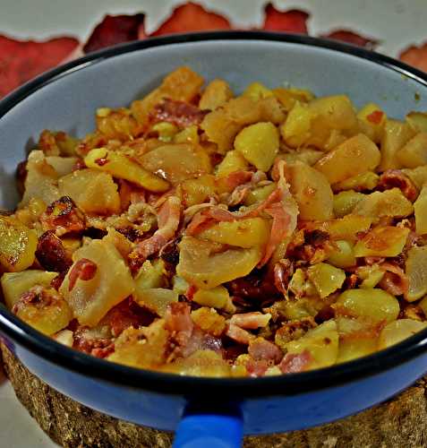 Pâtisson et pommes de terre sautes à la pancetta et lard fumé