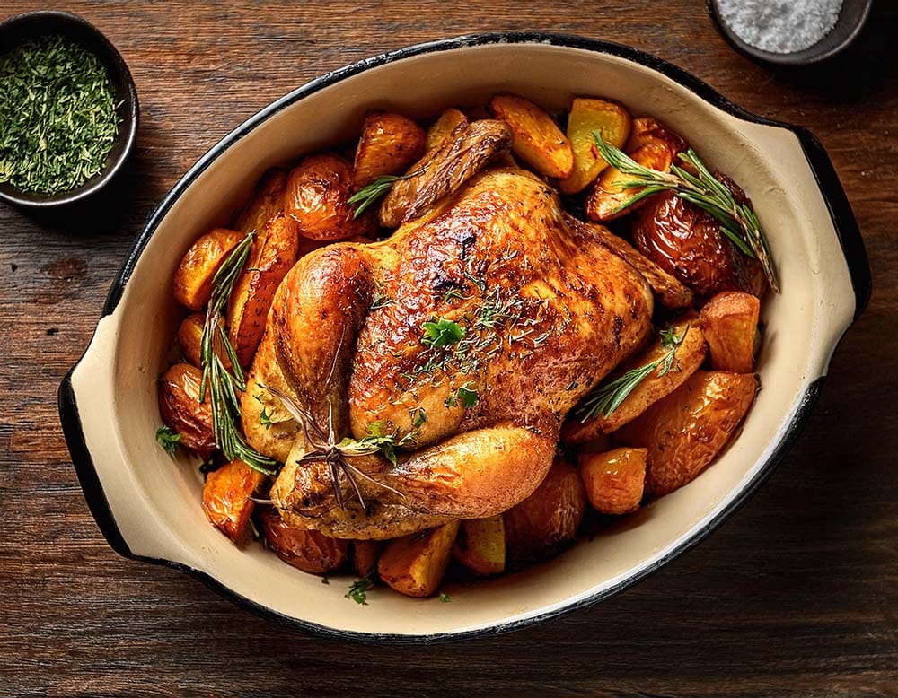 Poulet rôti en cocotte : l’alliance parfaite des pommes de terre et patates douces