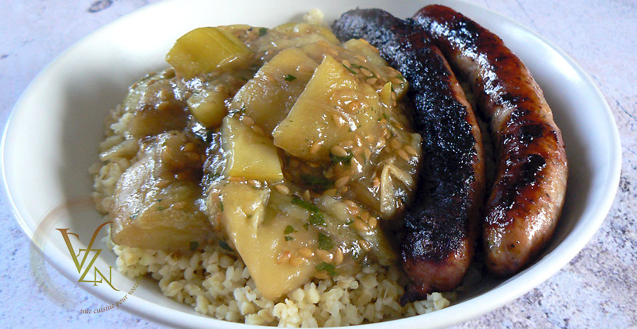 Aubergine au miel, sésame et boulgour