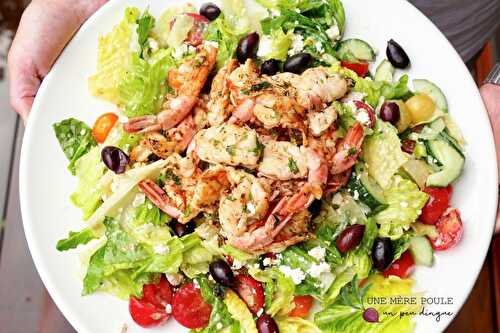 Crevettes papillon sur salade, vinaigrette au tzatziki